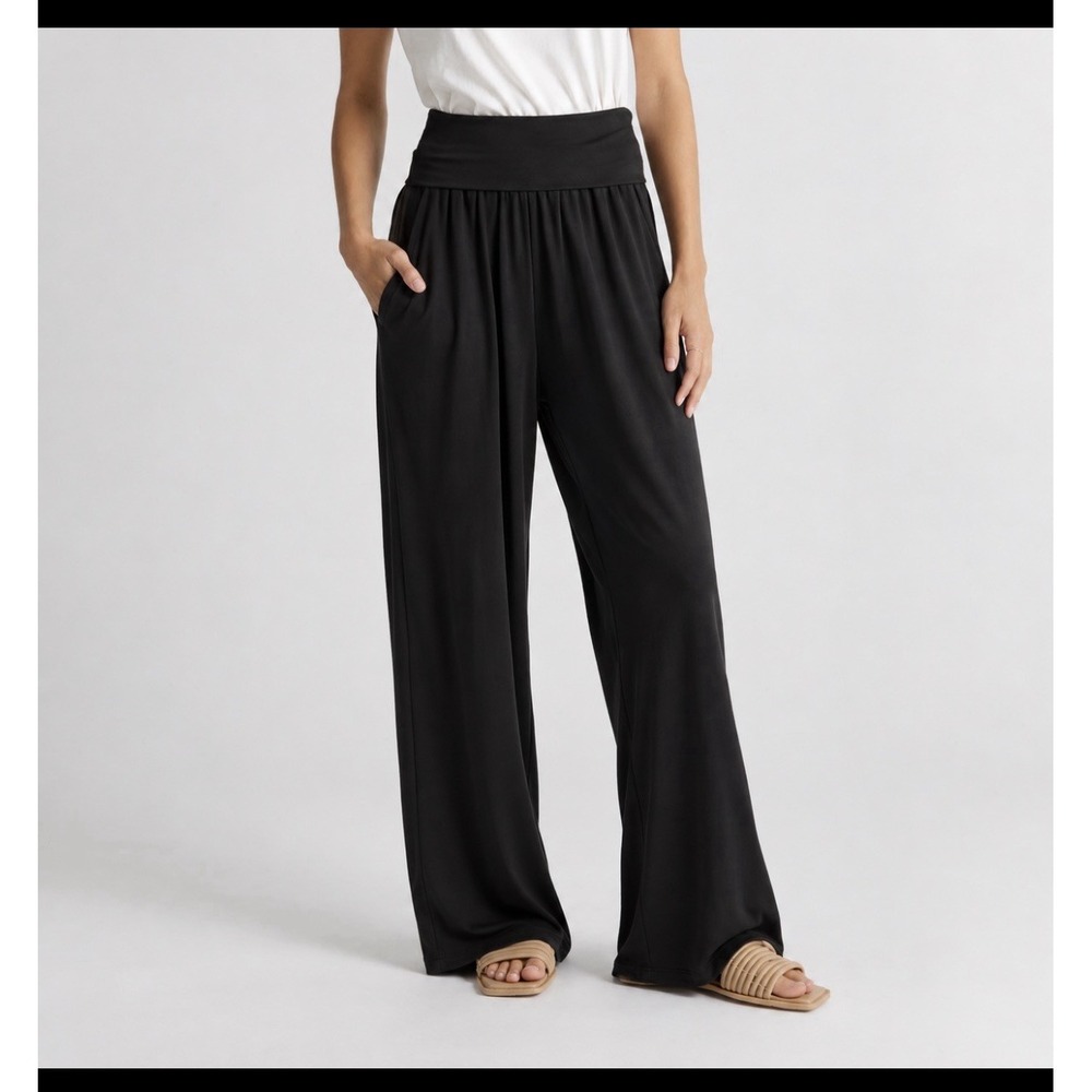 French Terry Modal Wide Leg Pants Women's L Black Foldover Waist Lounge Comfy